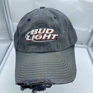 Bud Light Logo Tattered Worn Faded Gray Cap Hat Flex-Fit Stretch OSFM